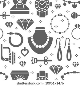 Jewelry seamless pattern, glyph illustration. Vector silhouette icons of jewels accessories - gold engagement rings, diamond, pearl necklaces, charms bracelet. Fashion white grey repeated background.