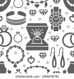 Jewelry seamless pattern, glyph illustration. Vector silhouette icons of jewels accessories - gold engagement rings, diamond, pearl necklaces, charms bracelet, earrings. White grey repeated background