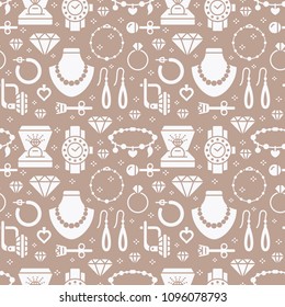 Jewelry seamless pattern, glyph illustration. Vector silhouette icons of jewels accessories - gold engagement rings, diamond, pearl necklaces, charms bracelet. Fashion repeated background.