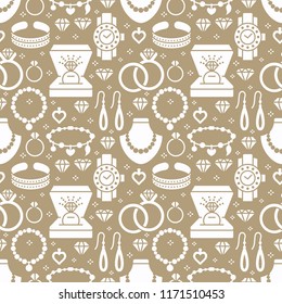 Jewelry seamless pattern, glyph illustration. Vector silhouette icons of jewels accessories - gold engagement rings, diamond, pearl necklaces, charms bracelet. Fashion repeated background.