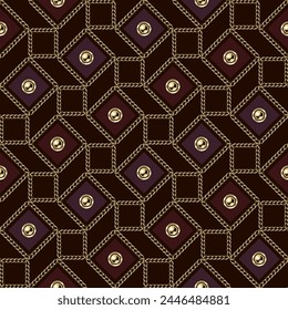 Jewelry seamless pattern with golden chains, beads, small squares. Diagonal composition. Detailed low contrast illustration in luxury vintage style.