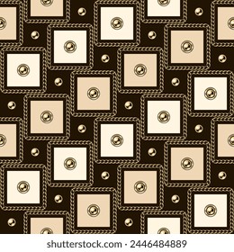 Jewelry seamless pattern with golden chains, beads, small squares. Diagonal classic grid. Detailed high contrast illustration in luxury vintage style.