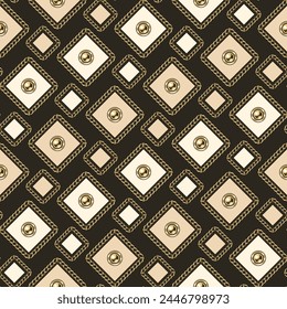 Jewelry seamless pattern with golden chains, beads, small squares. Diagonal composition. Detailed high contrast illustration in luxury vintage style.