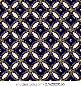 Jewelry seamless pattern with golden chains, beads arranged in classic diagonal square grid. Dark gradient background. Classic elegance design.