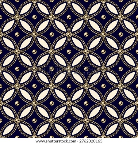 Jewelry seamless pattern with golden chains, beads arranged in classic diagonal square grid. Dark gradient background. Classic elegance design.