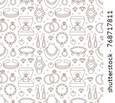 Jewelry seamless pattern, line illustration. Vector flat icons of jewels accessories - gold engagement rings, diamond, pearl necklaces, charms, watches. Fashion store repeated background.