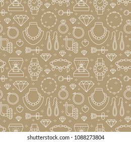 Jewelry seamless pattern, line illustration. Vector icons of jewels accessories - gold engagement rings, diamond, pearl necklaces, charms, watches. Fashion store pastel color repeated background.