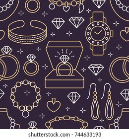 Jewelry seamless pattern, line illustration. Vector icons of jewels accessories - gold engagement rings, diamond, pearl necklaces, charms, watches. Fashion store repeated background.