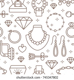 Jewelry seamless pattern, line illustration. Vector icons of jewels accessories - gold engagement rings, diamond, pearl necklaces, charms, watches. Fashion store white repeated background.