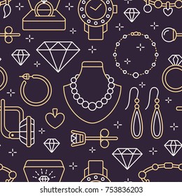 Jewelry seamless pattern, line illustration. Vector icons of jewels accessories - gold engagement rings, diamond, pearl necklaces, charms, watches. Fashion store dark repeated background.