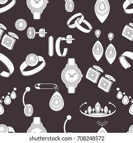 Jewelry seamless pattern, vector background, monochrome illustration. White cartoon decoration items on a purple brown backdrop. For fabric design, wallpapers, wrappers, decorating