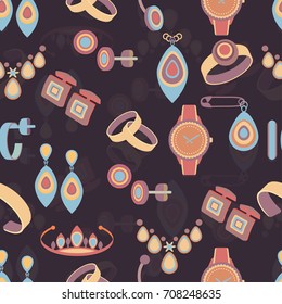 Jewelry seamless pattern, vector background. Multicolored cartoon decoration items on a purple backdrop. For fabric design, wallpapers, wrappers, decorating