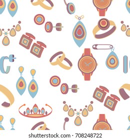 Jewelry seamless pattern, vector background. Multicolored cartoon decoration items on a white backdrop. For fabric design, wallpapers, wrappers, decorating