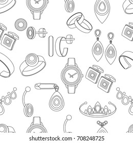 Jewelry seamless pattern, vector background, black and white monochrome illustration. Contour decoration items on a white backdrop. For fabric design, wallpapers, wrappers, decorating