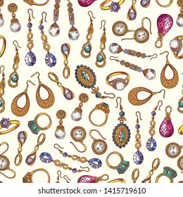 Jewelry seamless pattern. Vector earrings and rings background. Illustration of jewelry fashion, precious expensive accessory