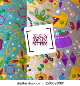 Jewelry seamless pattern, vector illustration. Sparkling diamonds and jewels with precious gemstones. Golden jewellery background in flat style. Beauty fashion accessories and jewels for women