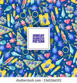 Jewelry seamless pattern, vector illustration. Sparkling diamonds and jewels with precious gemstones. Golden jewellery icons, background in flat style. Beauty fashion accessories and gifts for women