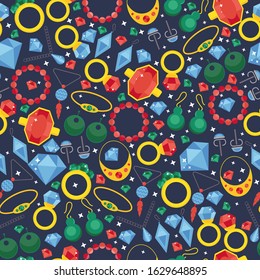 Jewelry seamless pattern, vector illustration. Sparkling diamonds and jewels with precious gemstones. Golden jewellery background in flat style. Beauty fashion accessories and jewels for women