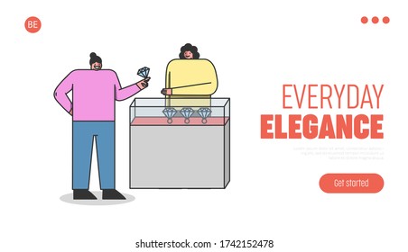 Jewelry selling industry. Female buyer trying jewel ring with diamond in luxury jewellerry store. Online jewelry retail store landing page design. Template vector illustration