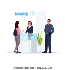 Jewelry semi flat RGB color vector illustration. Shop consultant near glass counter. Security guard. Girl pick accessory. Luxury store managers isolated cartoon character on white background