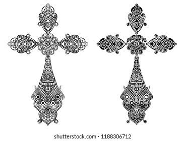 Jewelry set of antique Christian Crosses decorated with diamonds, isolated on white, vector eps10