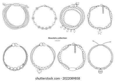 Jewelry set: bracelets with pendants and precious stones. Outline illustration isolated on a white background.