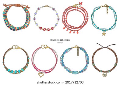 Jewelry set: bright bracelets with pendants and precious stones.     Vector illustration.