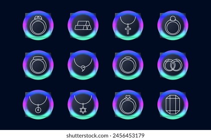 Jewelry set icon. Ring, diamond, adamant, cross, wedding rings, gemstone, luxury, heart, gift, chain, annulus, hoop, emerald, amethyst, sapphire, glassmorphism. Expensive gifts concept.