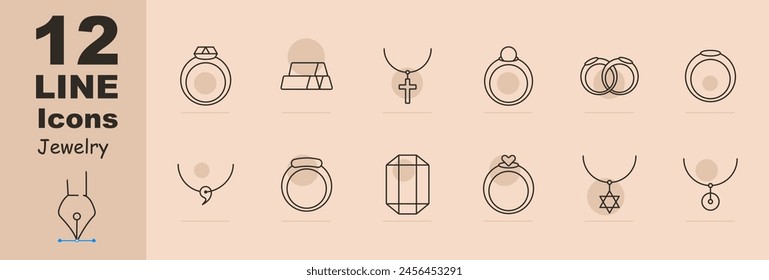 Jewelry set icon. Ring, diamond, adamant, cross, wedding rings, gemstone, luxury, heart, gift, chain, annulus, hoop, emerald, amethyst, sapphire. Expensive gifts concept.