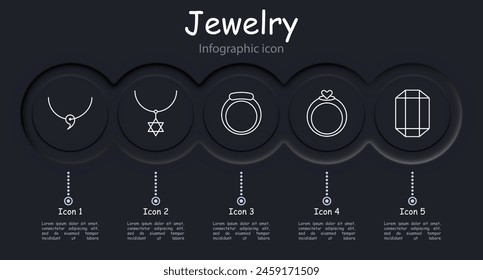 Jewelry set icon. Ring, diamond, adamant, cross, wedding rings, gemstone, luxury, heart, gift, chain, annulus, hoop, emerald, amethyst, sapphire, infographic. Expensive gifts concept.