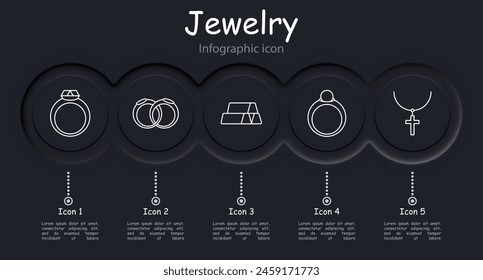 Jewelry set icon. Ring, diamond, adamant, cross, wedding rings, gemstone, luxury, heart, gift, chain, annulus, hoop, emerald, amethyst, sapphire, infographic. Expensive gifts concept.