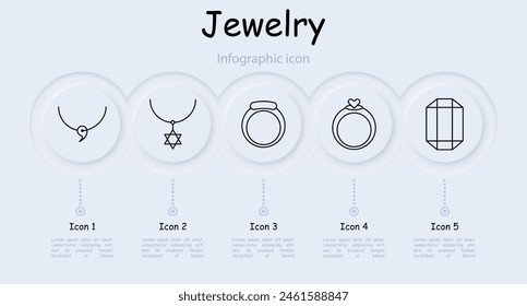 Jewelry set icon. Ring, diamond, adamant, cross, wedding rings, gemstone, luxury, heart, gift, chain, annulus, hoop, emerald, amethyst, sapphire, infographic. Expensive gifts concept.