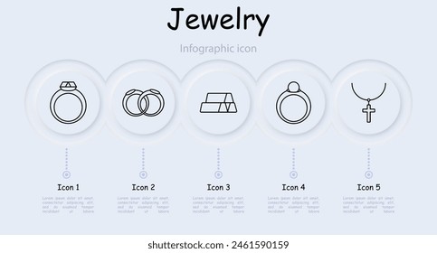 Jewelry set icon. Ring, diamond, adamant, cross, wedding rings, gemstone, luxury, heart, gift, chain, annulus, hoop, emerald, amethyst, sapphire, infographic. Expensive gifts concept.