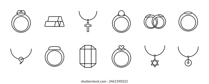 Jewelry set icon. Ring, diamond, adamant, cross, wedding rings, gemstone, luxury, heart, gift, chain, annulus, hoop, emerald, amethyst, sapphire. Expensive gifts concept.