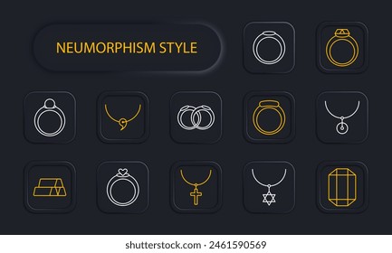 Jewelry set icon. Ring, diamond, adamant, cross, wedding rings, gemstone, luxury, heart, gift, chain, annulus, hoop, emerald, amethyst, sapphire, neomorphism. Expensive gifts concept.