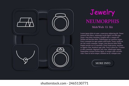 Jewelry set icon. Ring, diamond, adamant, cross, wedding rings, gemstone, luxury, heart, gift, chain, annulus, hoop, emerald, amethyst. neomorphism, sapphire. Expensive gifts concept.