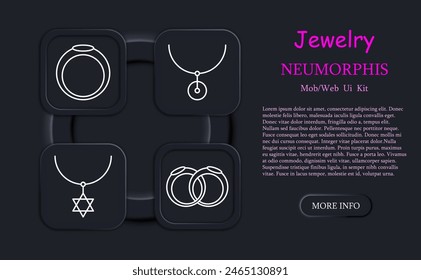 Jewelry set icon. Ring, diamond, adamant, cross, wedding rings, gemstone, luxury, heart, gift, chain, annulus, hoop, emerald, amethyst. neomorphism, sapphire. Expensive gifts concept.