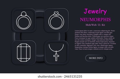 Jewelry set icon. Ring, diamond, adamant, cross, wedding rings, gemstone, luxury, heart, gift, chain, annulus, hoop, emerald, amethyst. neomorphism, sapphire. Expensive gifts concept.