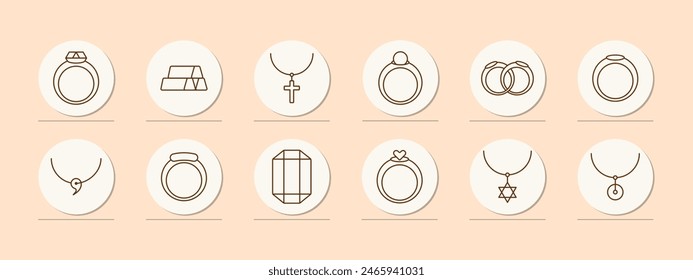 Jewelry set icon. Ring, diamond, adamant, cross, wedding rings, gemstone, luxury, heart, gift, chain, annulus, hoop, emerald, amethyst, sapphire. Expensive gifts concept.