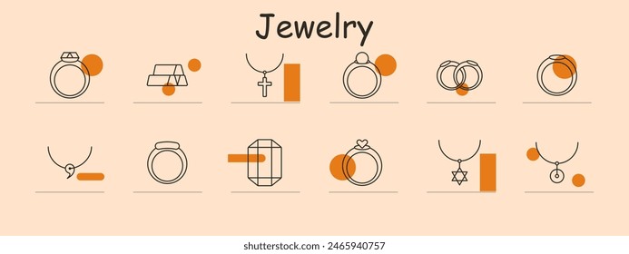 Icono de conjunto de joyas. Anillo, barras de oro, collar de cruz, anillo de compromiso, anillos de boda, collar de corazón, piedra preciosa, anillo de diamantes, colgante estrella de David. Lujo, moda, accesorios y elegancia.