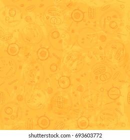 Jewelry, set, luxury collection, seamless pattern. Vector design isolated illustration. Orange outlines, gold watercolor background.