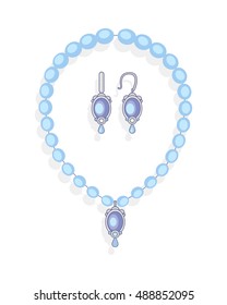 Jewelry set necklace and earrings on white. Beautiful women luxury pearl set. Includes necklace and stud earrings with sterling silver findings. Collection of elegant modern accessories. Vector