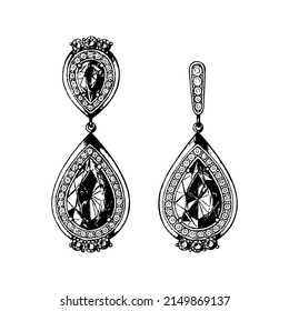 Joyas, set. Pendor y pendientes. Joyería hecha de oro con piedras preciosas. Ilustración en blanco y negro de grabado de vectores