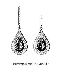 Jewelry, set. Pendant and earrings. Jewelry made of gold with precious stones. Vector engraving black and white illustration