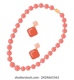 jewelry set, pink bracelet or necklace, earrings pendant ring, woman, female bijou vector illustration