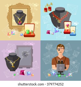 Jewelry set precious jewels jewelry store gems jeweler work vector illustration 