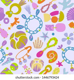 Jewelry set seamless pattern. Handmade and nature jewelry elements. Vintage accessories. Necklace, tassels, shells, earring, jewelry, pendant, shackle, coulomb. Good for textile, fabric.