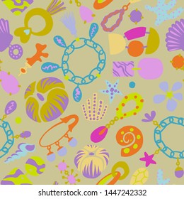 Jewelry set seamless pattern. Handmade and nature jewelry elements. Vintage accessories. Necklace, tassels, shells, earring, jewelry, pendant, shackle, coulomb. Good for textile, fabric.