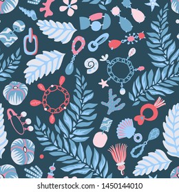 Jewelry set seamless pattern. Handmade and nature jewelry elements. Vintage accessories. Necklace, tassels, shells, earring, jewelry, pendant, shackle, sprigs, coulomb. Good for textile, fabric.