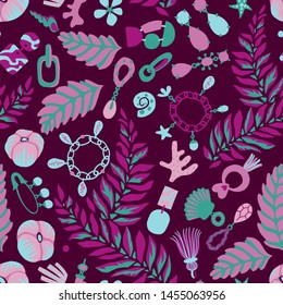 Jewelry set seamless pattern. Handmade and nature jewelry elements. Vintage accessories. Necklace, tassels, shells, earring, jewelry, pendant, shackle, sprigs, coulomb. Good for textile, fabric.